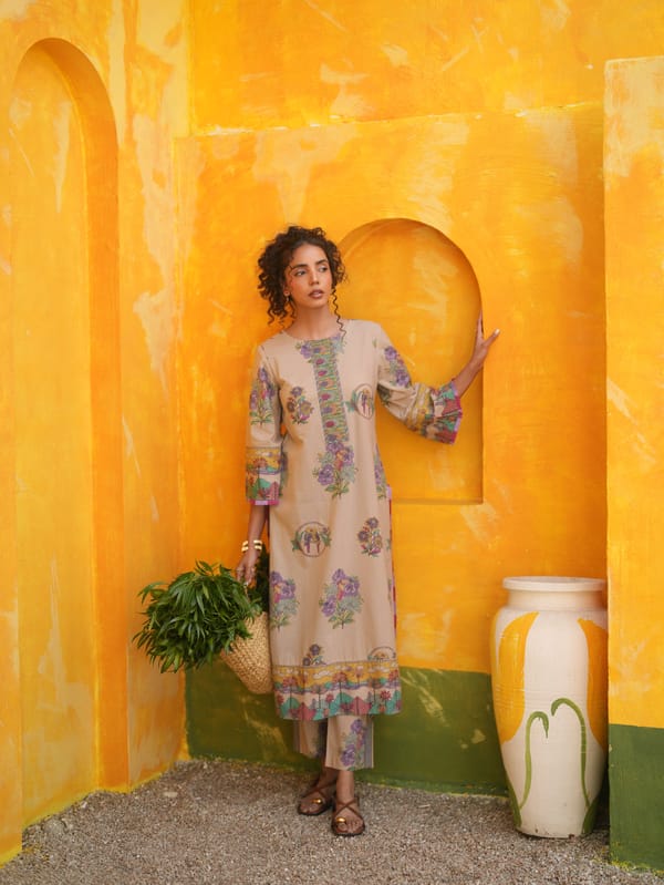 Dusty Lilac Tropical Printed Straight Long Kurta Set — TASHA INDIA