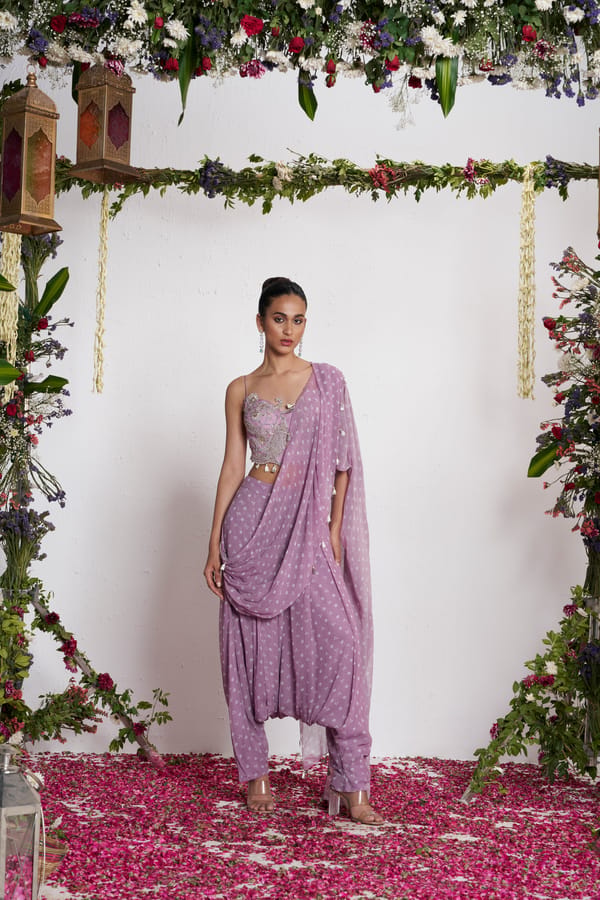 Mauve Bandhani Pre-Draped Dhoti Sari Co-ord Set — AMRTA BY GUNEET KONDAL