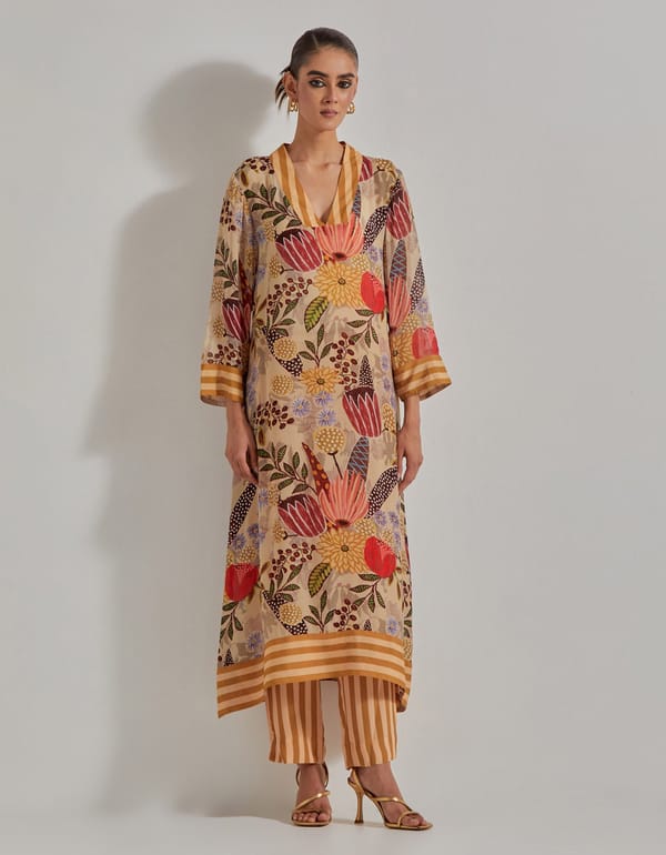 Beige Floral Printed A-Line Kurta Set with Striped Pants — Kavita Bhartia