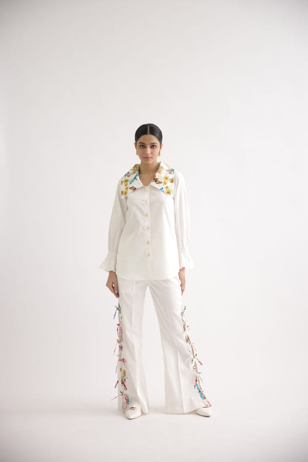 White Cotton Satin Shirt and Wide-Leg Pants Co-ord Set — THE FINICKY COLORIST