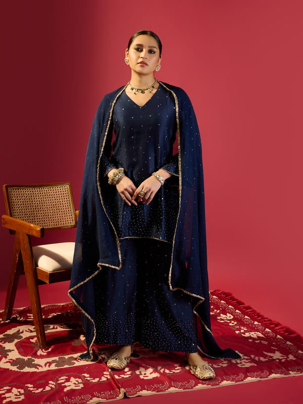 Navy Blue Short Kurta With Flared Pants Set — KOMAL SHAH