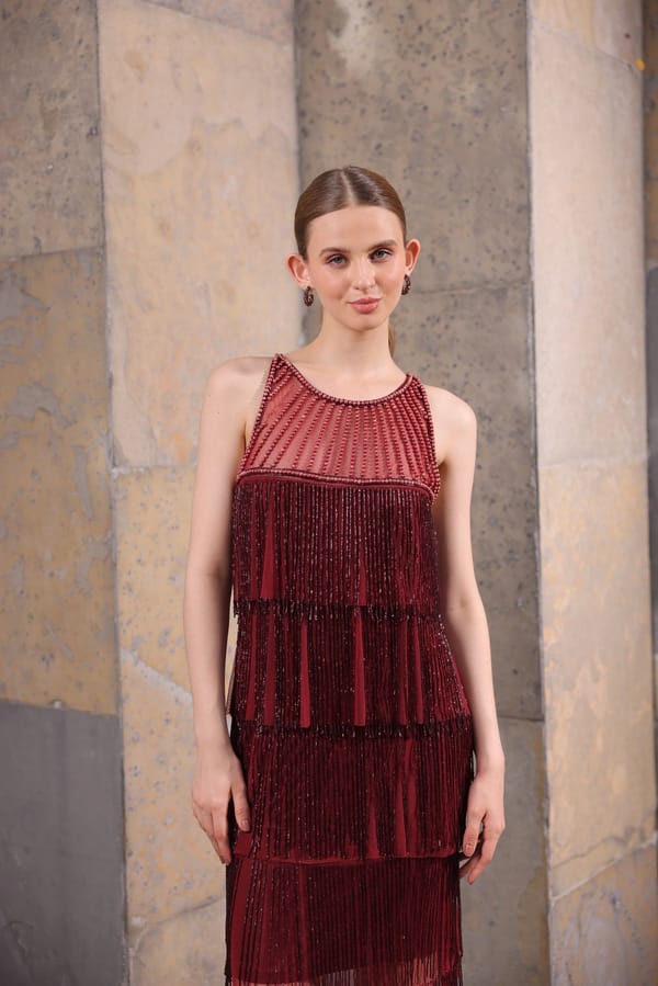 Wine Hand-Beaded Fringe Dress — EDITION II