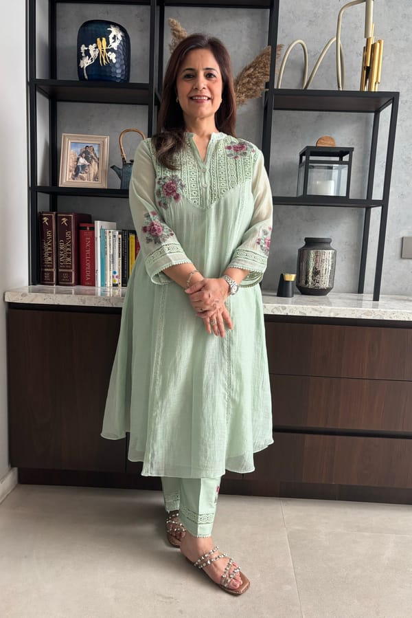 Mul Chanderi Kurta Set with V-Lace Yoke — Omi Clothing