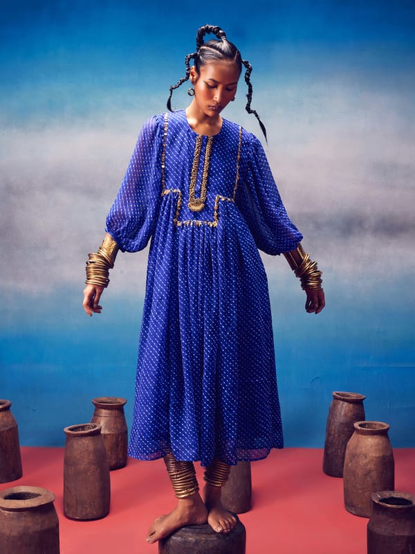 Blue Lehriya Printed Tunic Kurta with Embellished Yoke — 5 Elements