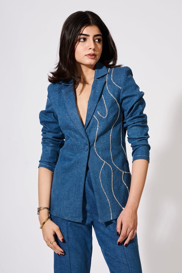 Denim Blazer With Rhinestone Embellishments (Only Blazer) — Weaving Cult