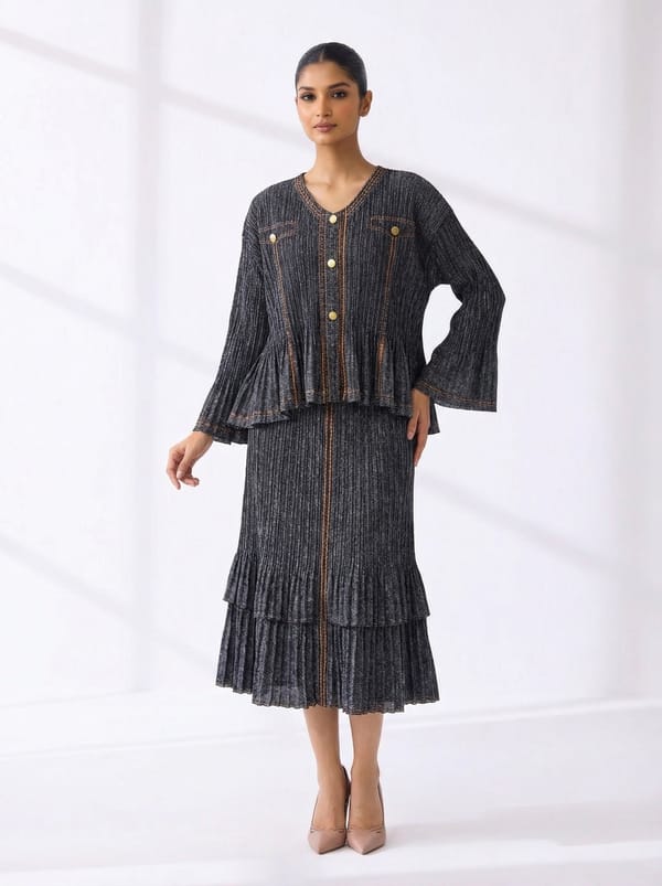 Black V-Neck Button-Front Top and Midi Skirt Co-ord Set — Pleats by Aruni