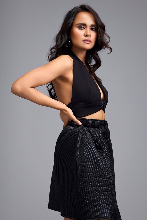 Metallic Black Quilted Button-Down Skirt — Deepika Arora