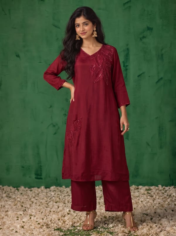 Maroon Vespera Embellished Co-ord Set — ODRA