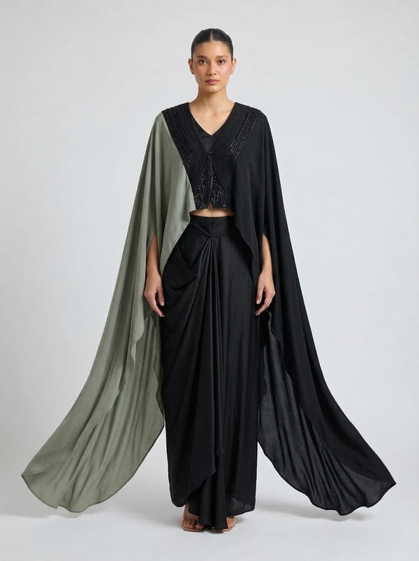 Blue/Grey Colorblocked Cape Top and Draped Pants Co-ord Set — The Grey Dot