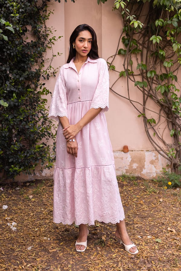 Pink Linen Cotton Embroidered Tiered Maxi Shirt Dress — INCHING INDIA