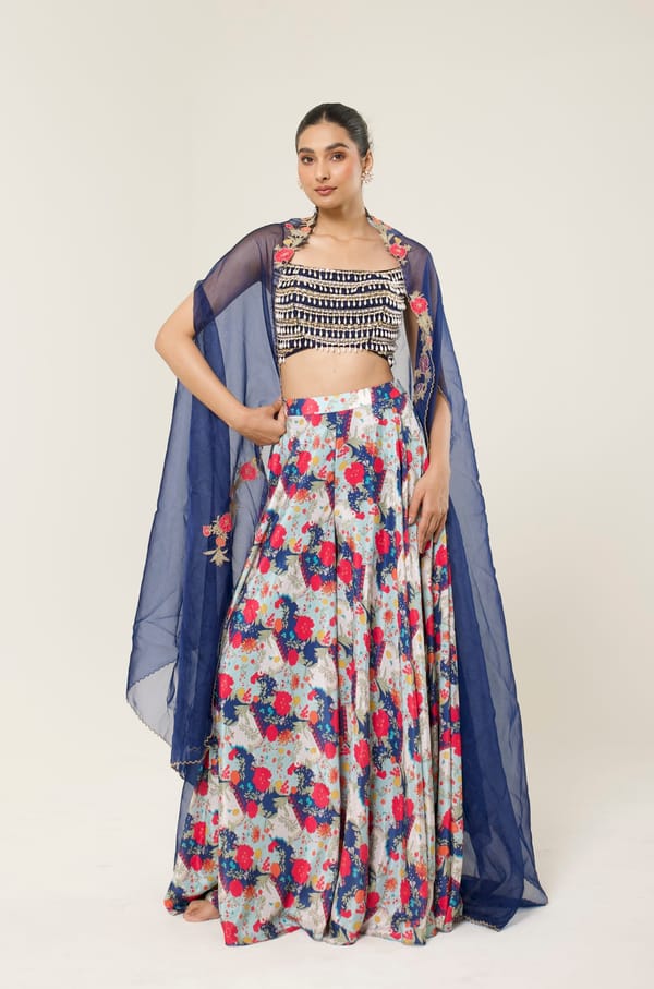 Floriva Printed Sharara Cape Set — LIBAS CAFE