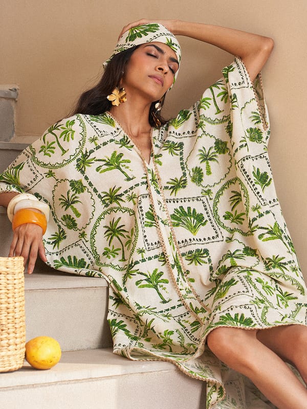 Beige Tropical Palm Print Kaftan Dress with Tie Belt — HOUSE OF FETT
