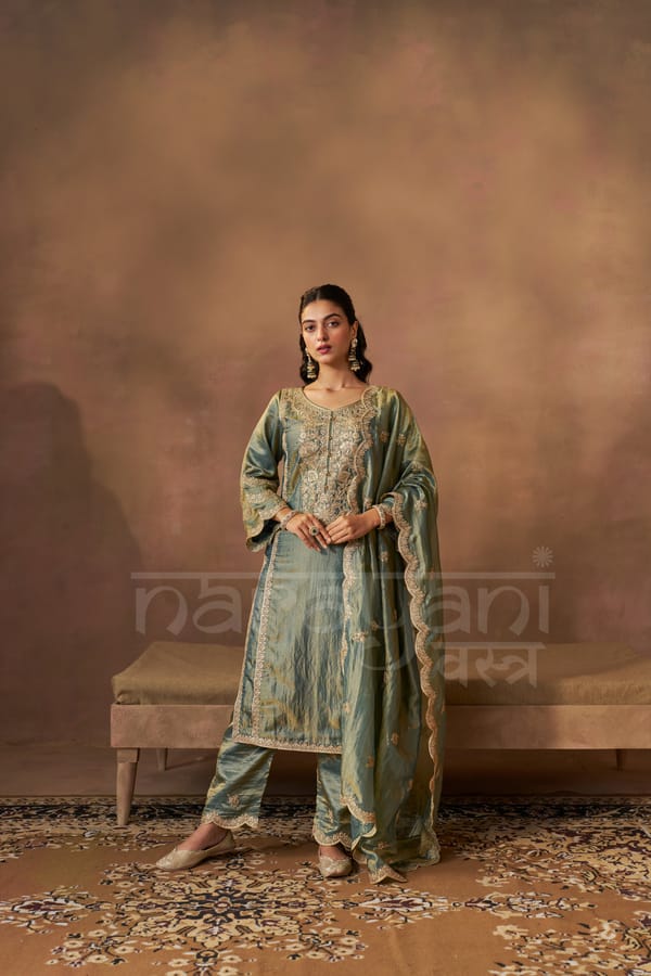 HAYA - Sage Blue Tissue-Organza Suit Set — NARAYANI VASTRA