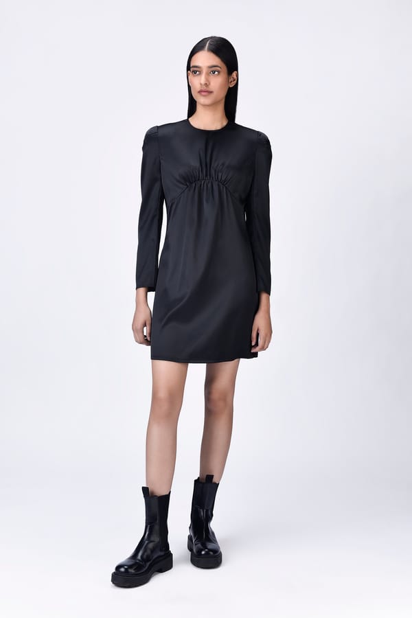 Black Viscose Satin Mini Dress with Constructed Shoulders — Genes Lecoanet Hemant