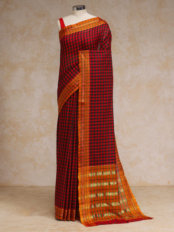 Black-Red Check Cotton Silk Kanchi Chettinad Saree — BINKS