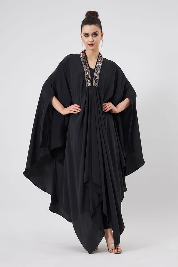 Black Crystal-Embellished Kaftan and Pant Co-ord Set — Aakaar