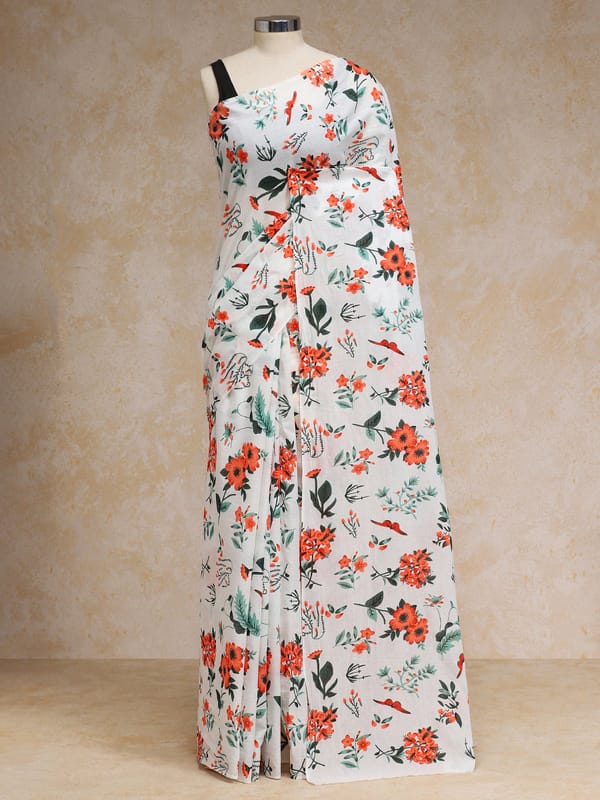 Vibrant Red-Orange Floral Printed Cotton Saree — BINKS