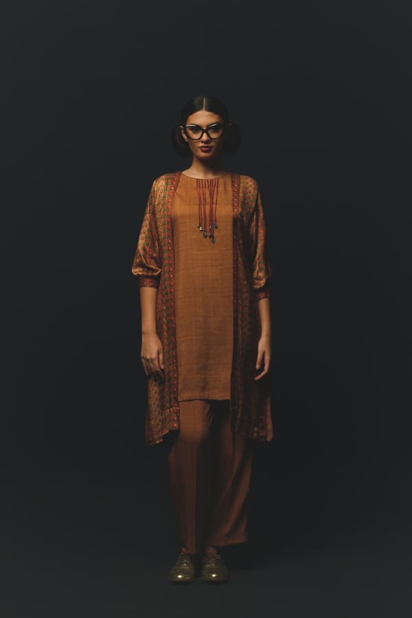 Tan Co-ord Set with Printed Overlay and Tapered Pants — Basil Leaf