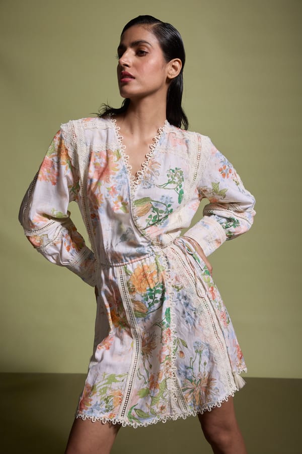 Pastel Floral Lace-Trim Wrap Mini Dress — Dash and Dot