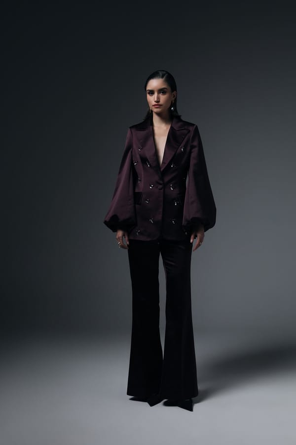 Wine Satin Crystal-Embellished Pantsuit Co-ord Set — BELONG