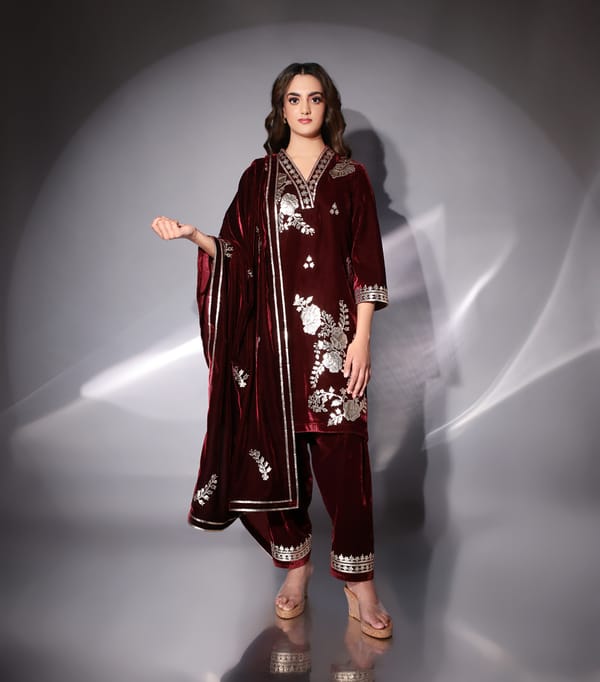 Red Velvet Embroidered Kurta Set With Dupatta — RUCHIKA MALLIKA LABEL
