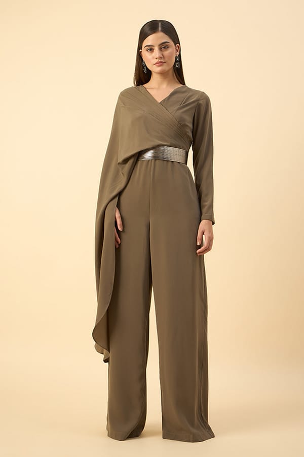 Pleated Draped Jumpsuit With Metallic Belt — Aakaar