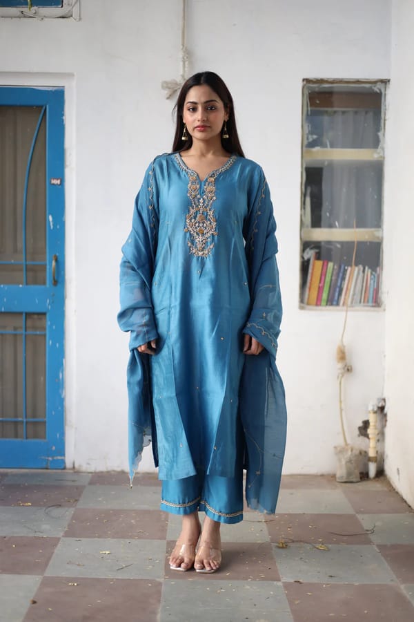 Prussian Blue Zardozi Embroidered Silk Chanderi Kurta Set — Tatwa Designs