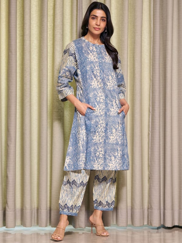 Elegant Blue Printed Cotton Kurta Set — Truly SMA