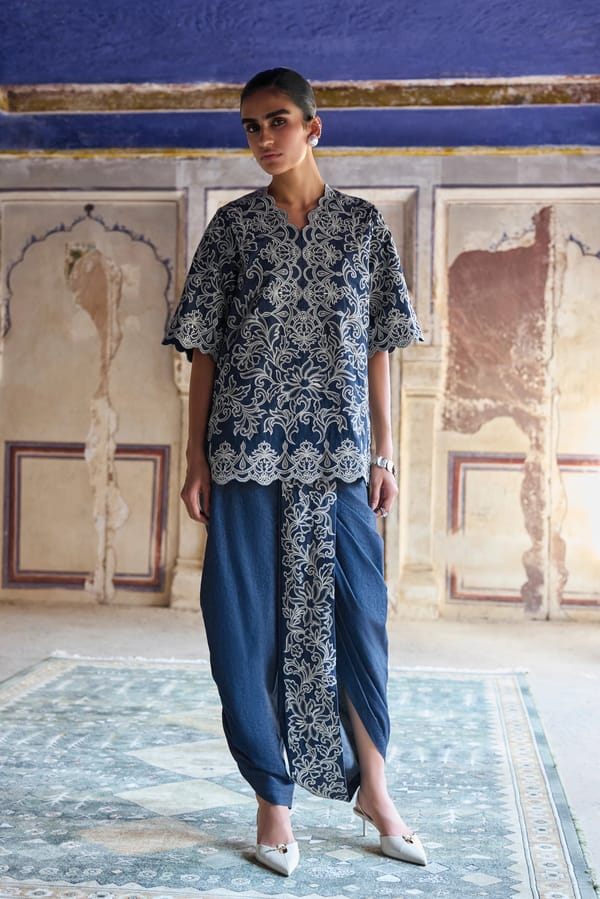 Metallic Thread Embroidered Denim Dhoti Pant — Dash and Dot