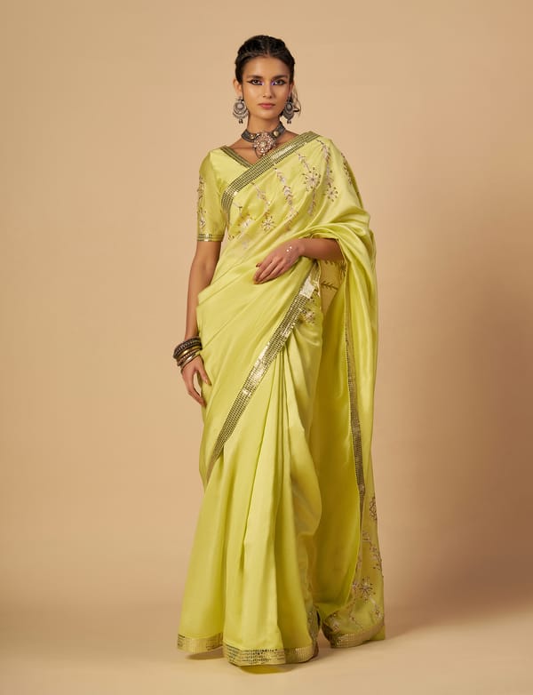 Lime Green Chanderi Saree with Gold Sequin Border — Gulabo by Abu Sandeep