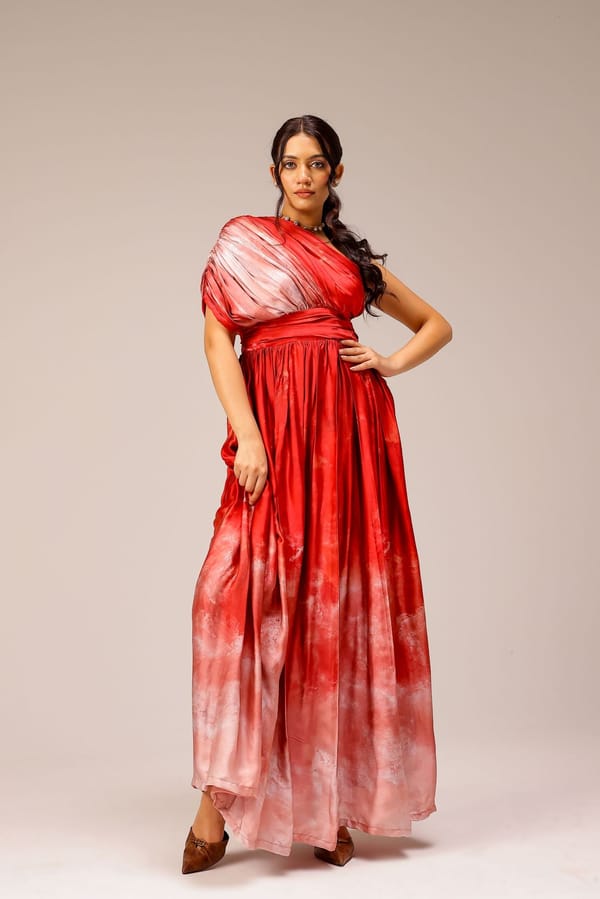 Red One-Shoulder Draped Ombre Maxi Dress — STUDIO SURBHI