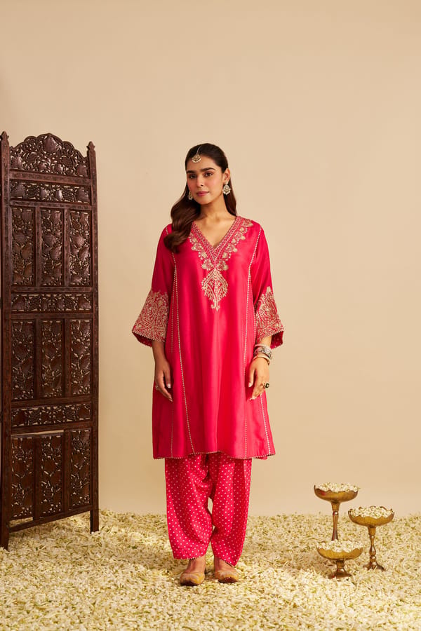 Hotpink Upada Silk Embroidered Kurta Set with Salwar — Sheetal Batra