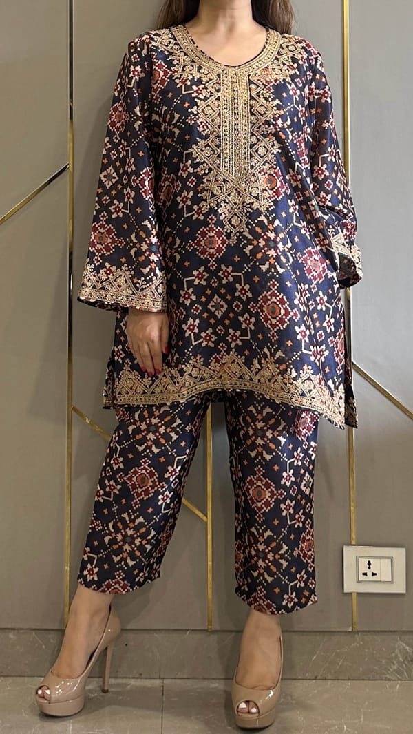 Navy Patola Embroidered Phiran Coord (Without Potli) — Kylee Fashions