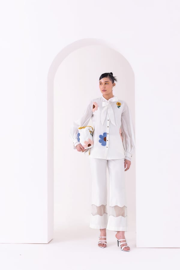 White Embroidered Shirt and Wide-Leg Pants Co-ord Set — Our Love