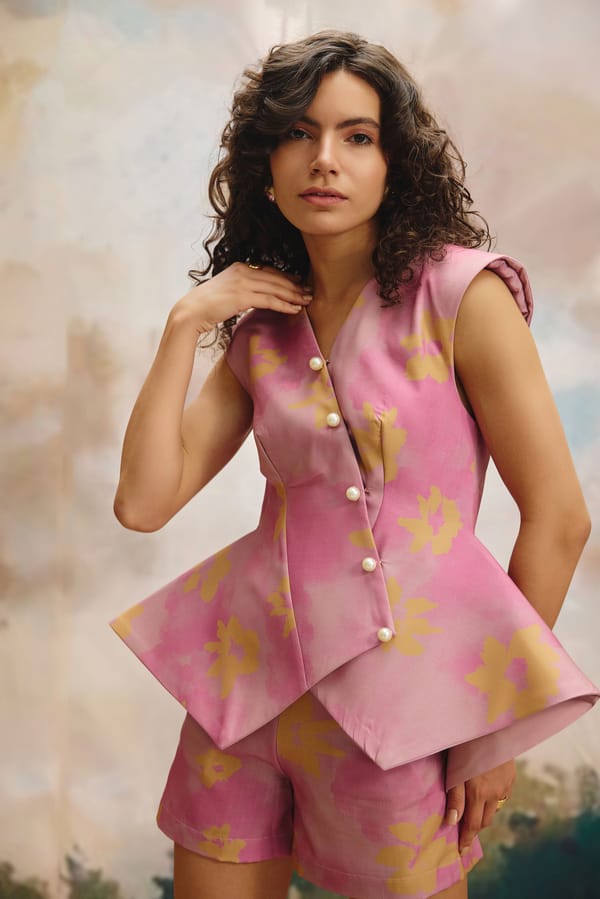 Pink Yellow Floral Linen Peplum Top with Pearl Buttons — Payal Zinal