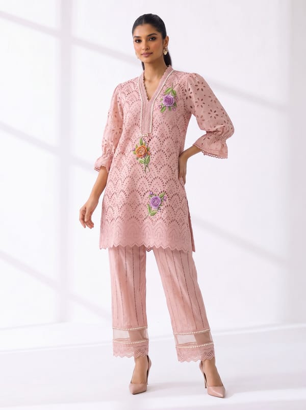 Pink Cotton Cutwork Kurta Set with Floral Embroidery — BUMBLEBEE