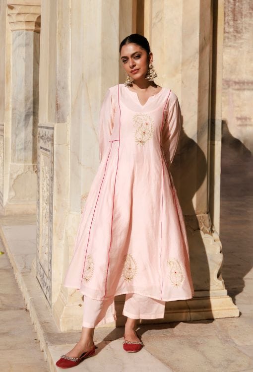 Peach Chanderi Aari Embroidered Anarkali Set — Bannhi by Priyanka Rathore
