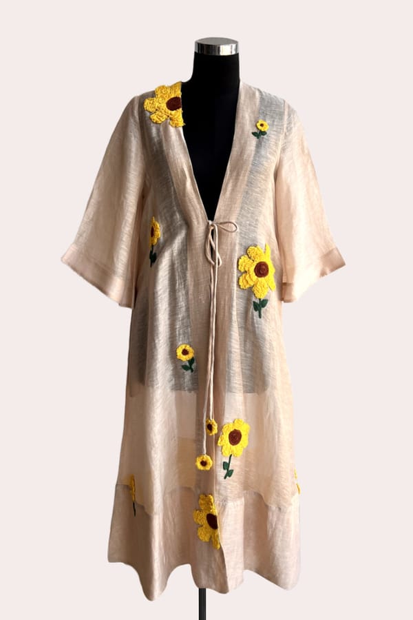 Ecru Linen Organza Cape with 3D Floral Applique — Our Love