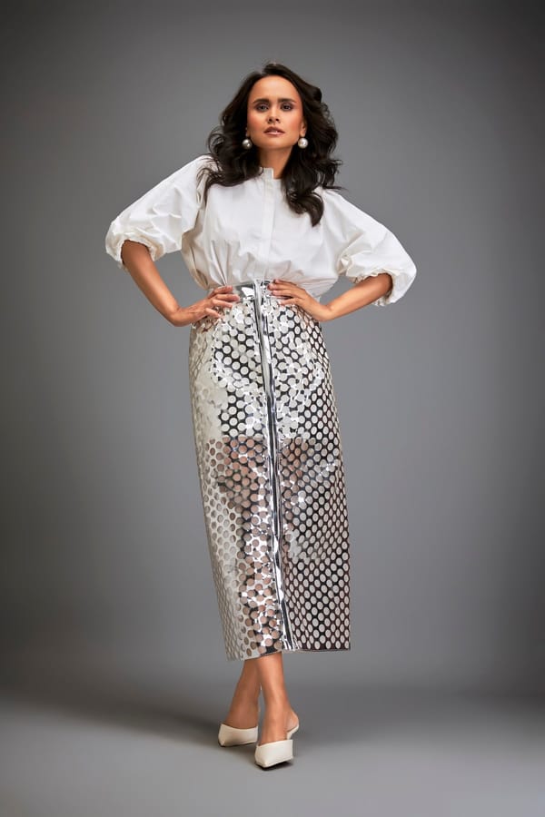 Metallic Silver Skirt With Geometric Cutout Detailing — Deepika Arora