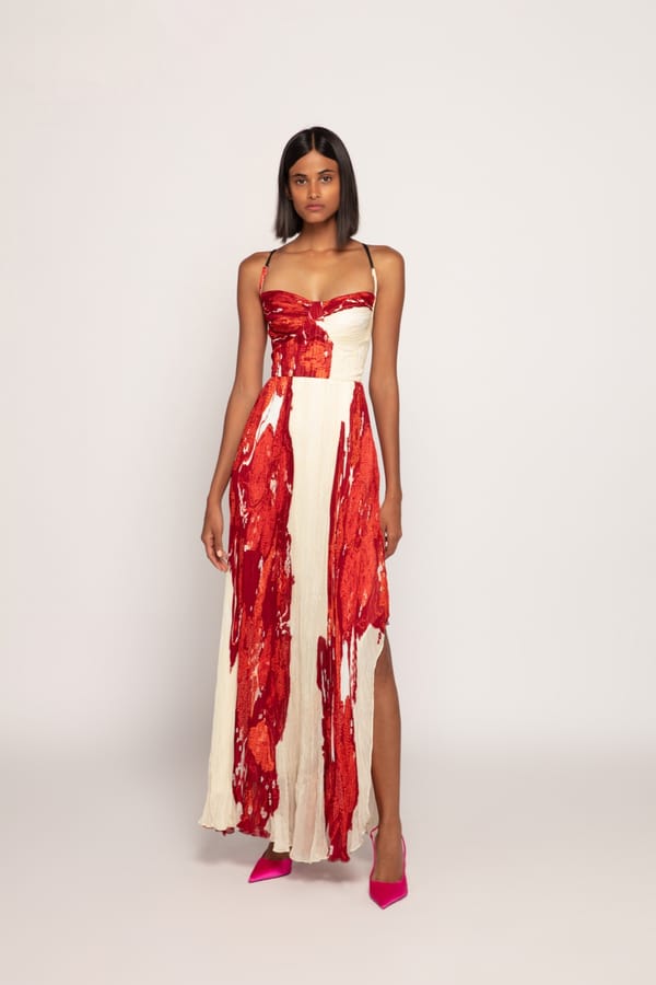 Red/Ivory Bandhani Print Micro-Pleated Maxi Dress — Saaksha and Kinni