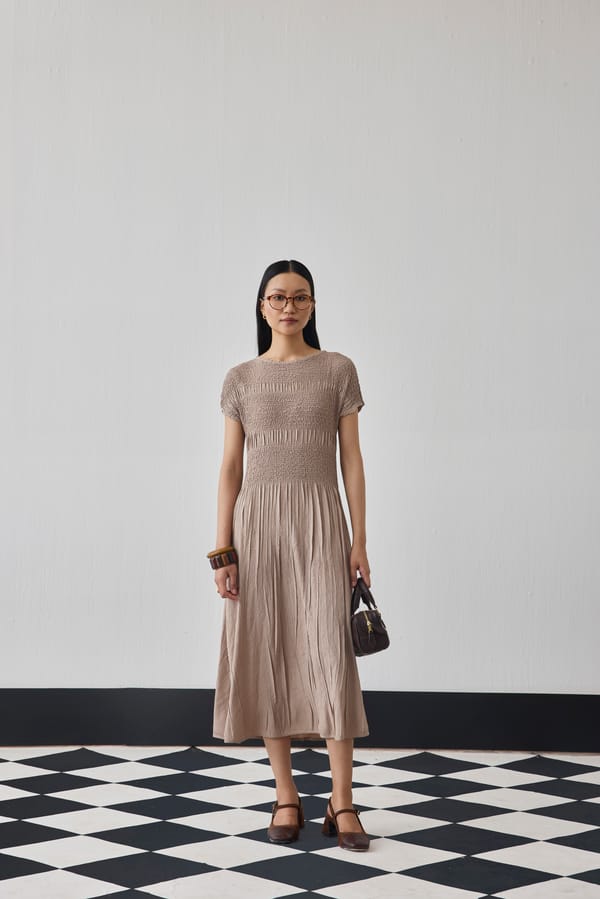 Brown Smocked Fit and Flare Midi Dress — Pleats by Aruni