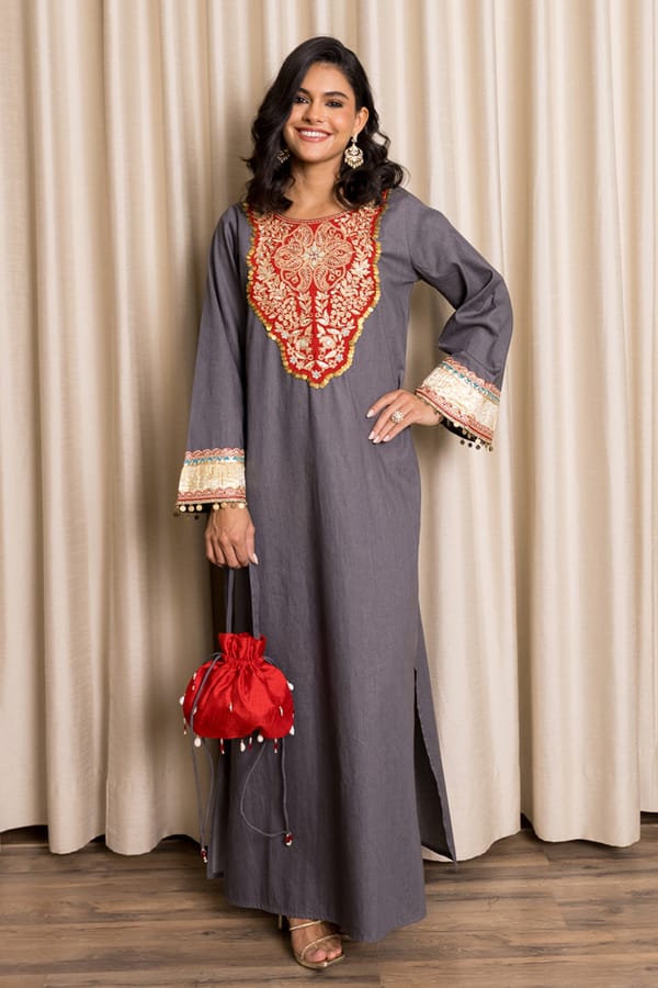Charcoal Grey Denim Kaftan with Embroidered Bib Yoke — Sttavoss