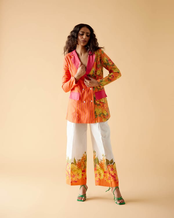Orange/Pink Printed Linen Tailored Blazer — Moh India