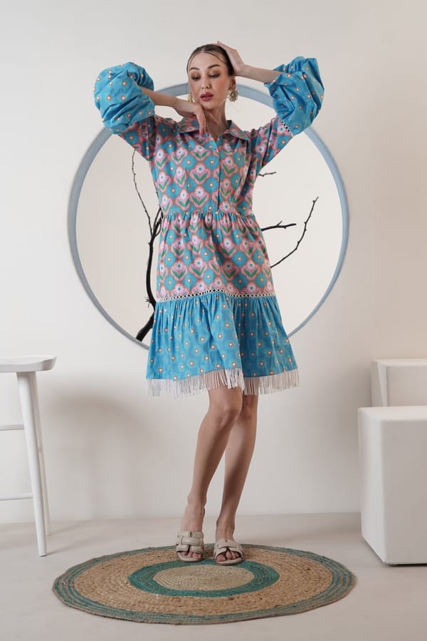 Blue and Orange Floral Collared Knee-Length Dress — SURABHI ARYA