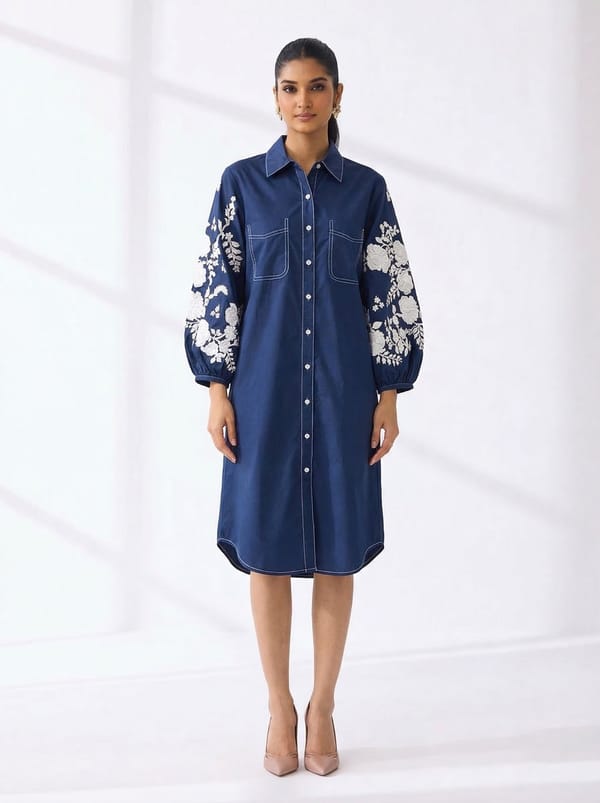 Navy Embroidered Sleeve Midi Shirt Dress — RUCHIKA MALLIKA LABEL