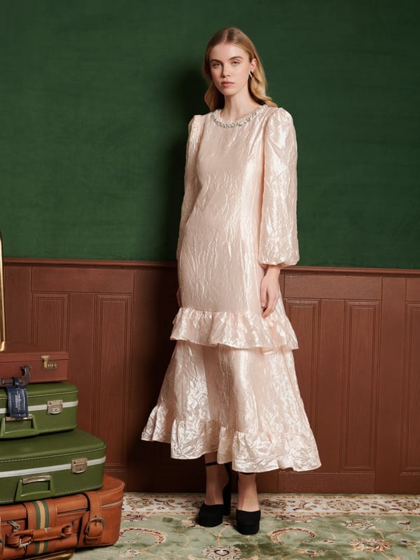 Crystal Pink Gem-Trim Tiered Midi Dress — SISTER JANE