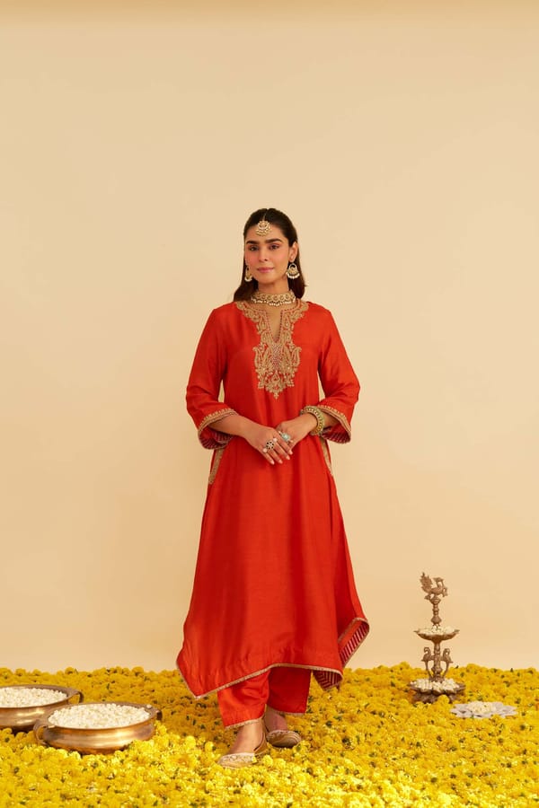Burnt Orange Embroidered Long Kaftan — Sheetal Batra