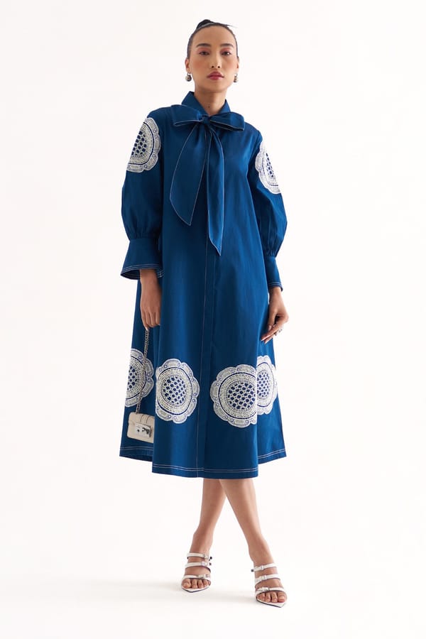 Persian Blue Oversized Cotton Midi Dress with Lace Applique — Our Love