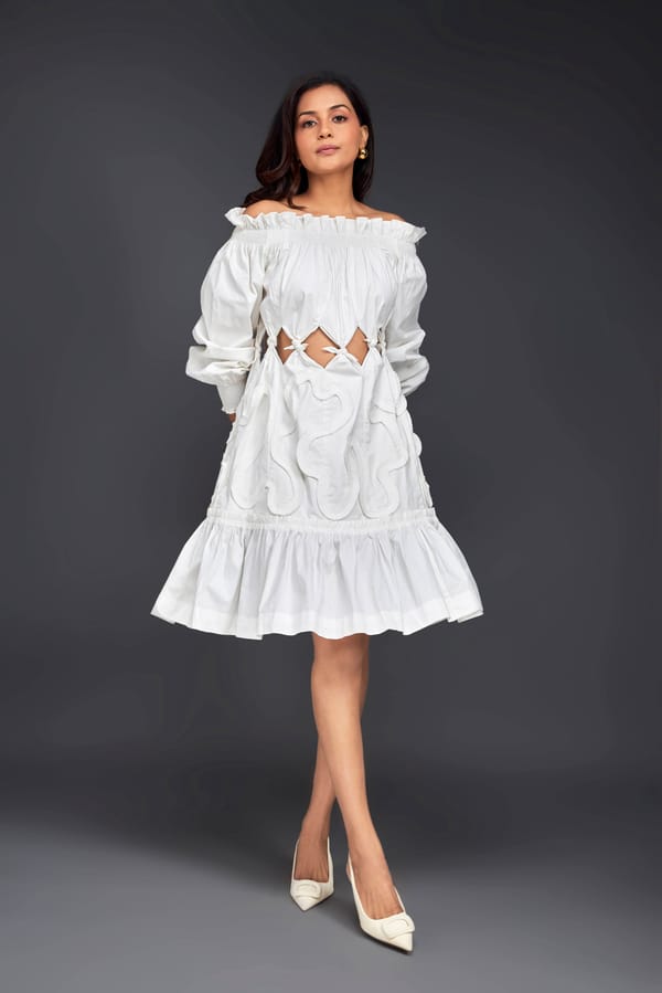 Off-shoulder Dress With Waist Cutouts And Pleated Frill Detailing — Deepika Arora