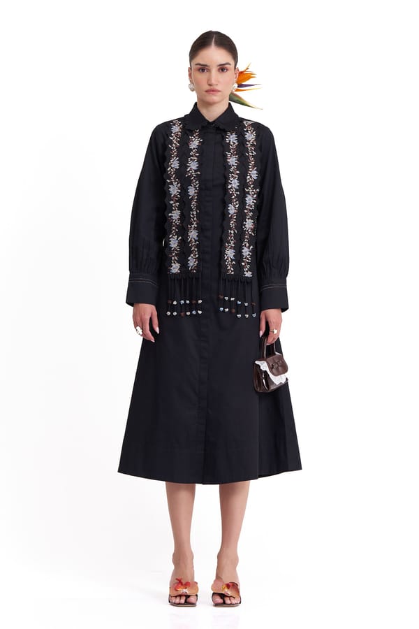 Black Cotton Satin Embroidered Button-Down Midi Shirt Dress — Our Love